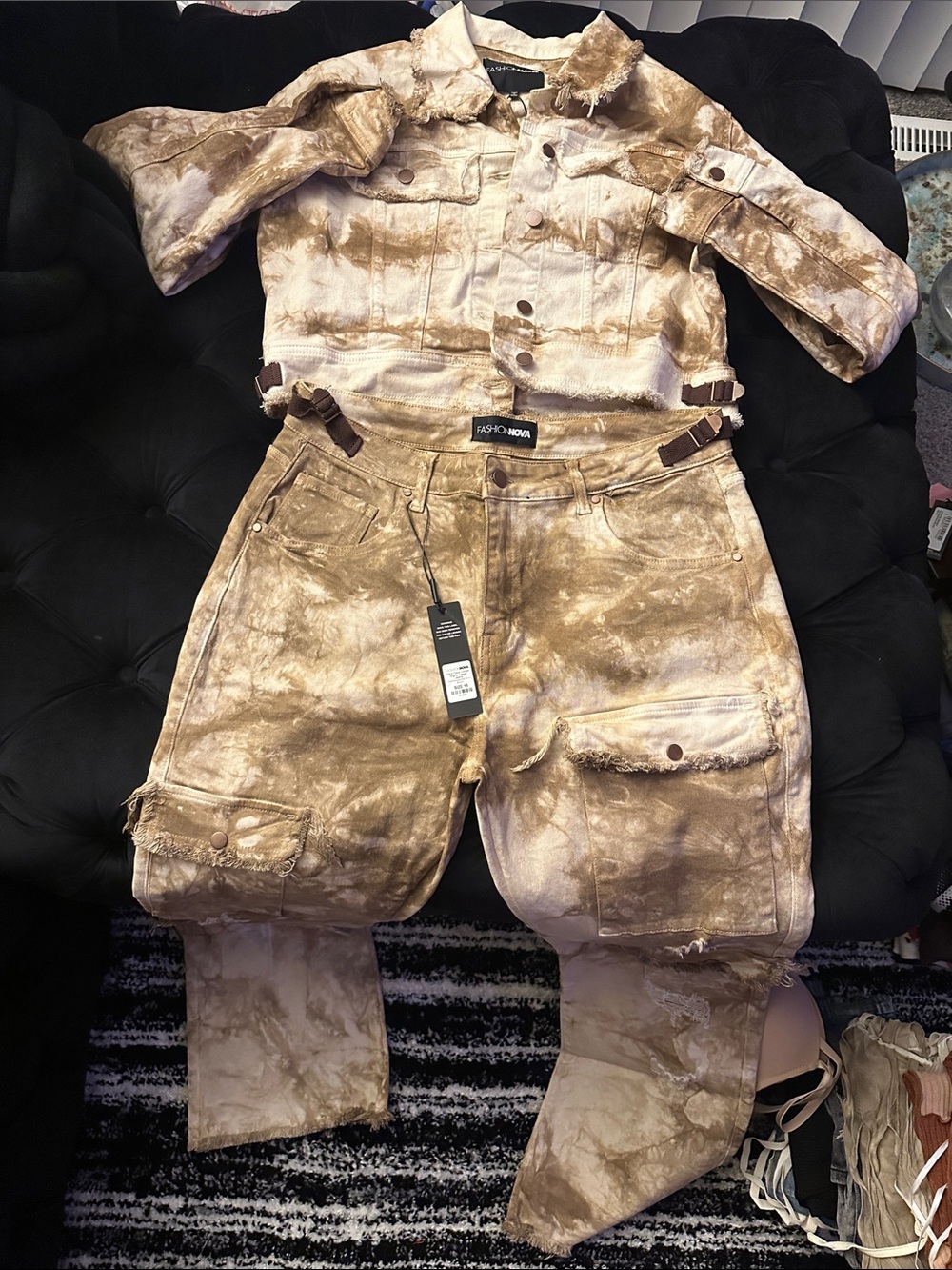 Fashion Nova Tan Tie-Dye Cargo Jumpsuit